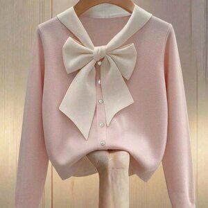 Pink Elegant Women's Color Blocking Knitted Long-Sleeved T-Shirt